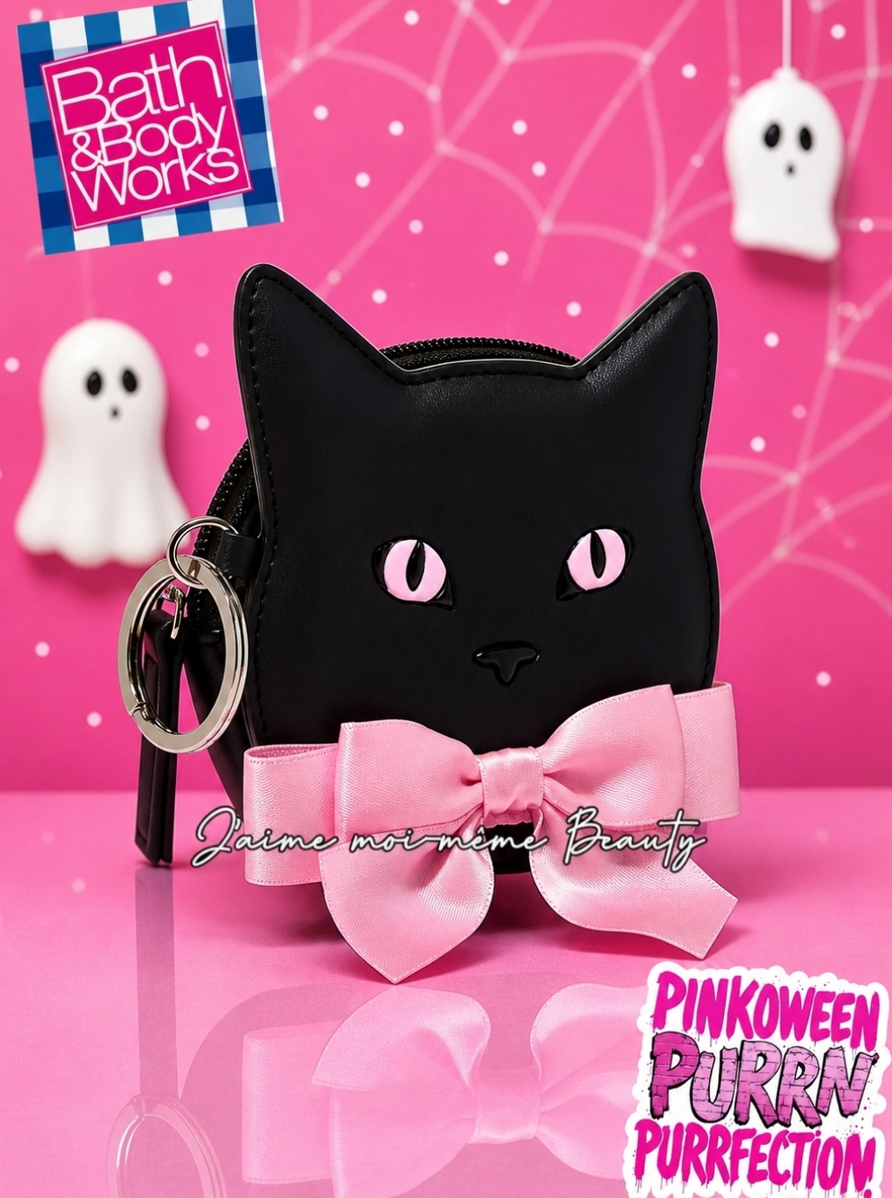Bath And Body Works Halloween Black Cat Coin Purse with Pink Bow -pinkoween
